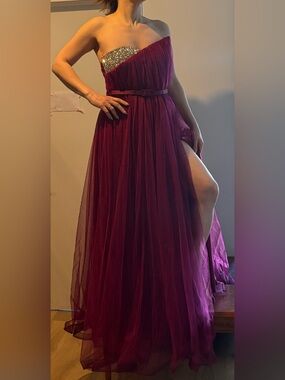 Off-Shoulder Burgundy Prom Gown with Embellished Bodice